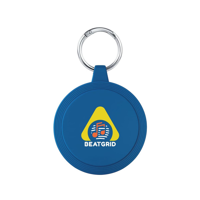 A blue keychain with a circular shape and a logo featuring musical notes and a triangle design.