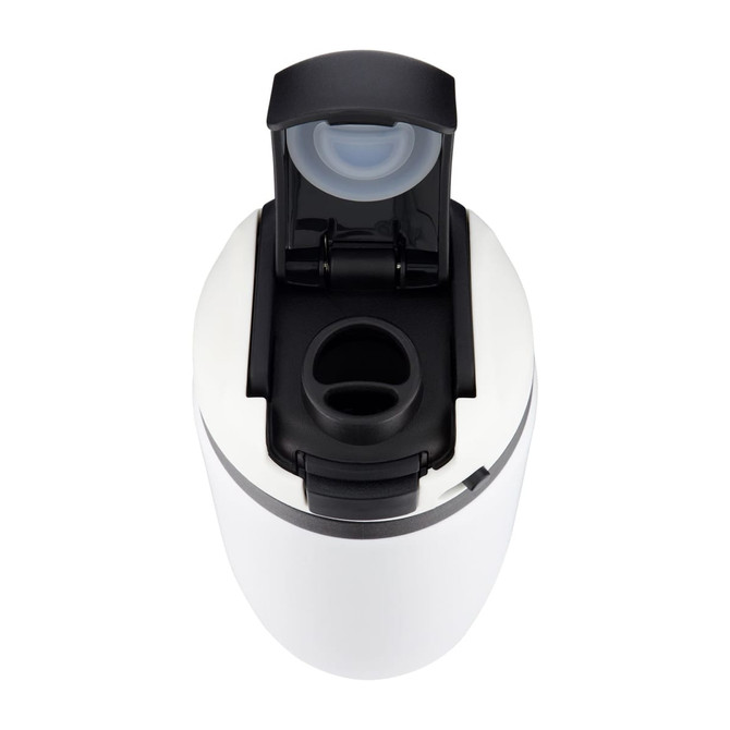 A drink bottle in white with a black lid, featuring a flip-top spout and a built-in straw opening.