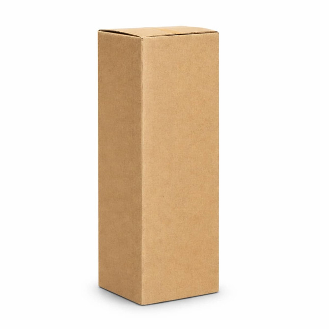 A drink bottle in a plain brown cardboard box. The box has a rectangular shape with no visible logos.