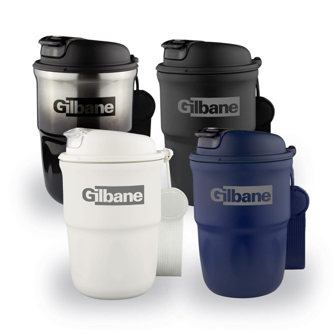A collection of double wall coffee mugs in black, white, navy, and silver, featuring a logo on each.