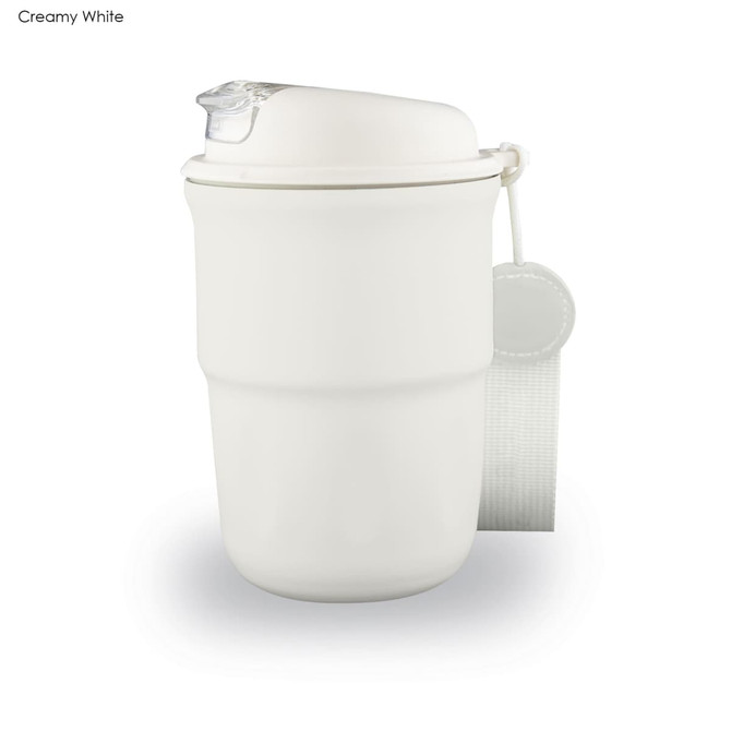 A creamy white double wall coffee mug with a lid and a strap. The mug features a branding logo.