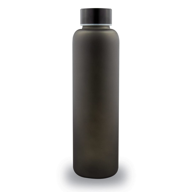 A drink bottle in a sleek matte black finish, featuring a simple, modern design with a dark lid and branding.