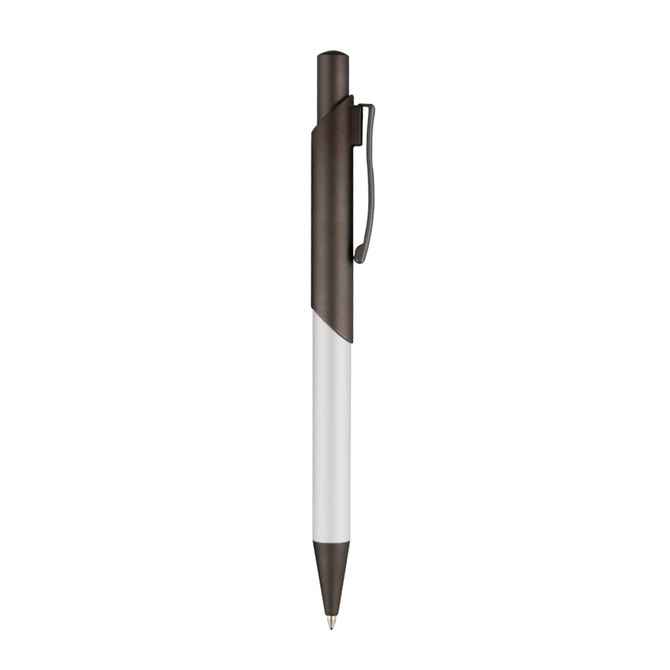 A metal pen featuring a white body and dark brown accent with a clip and branding.
