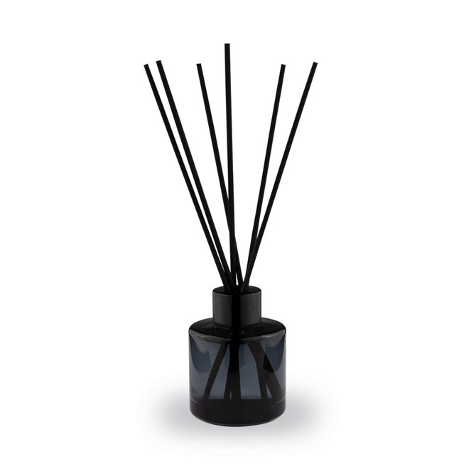 A round, 50ml classic reed diffuser in a black glass bottle with black reeds. Features a simple design.