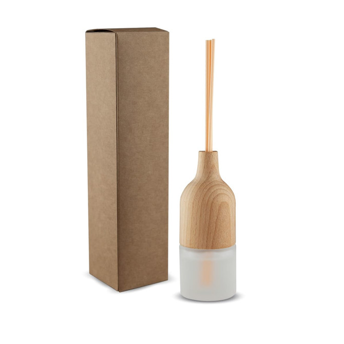 A wooden reed diffuser with a light-coloured base and natural wood top, packaged in a brown box.