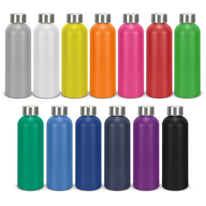 A drink bottle collection featuring various colours: silver, white, yellow, orange, red, pink, green, blue, navy, purple, and black, with metal lids.