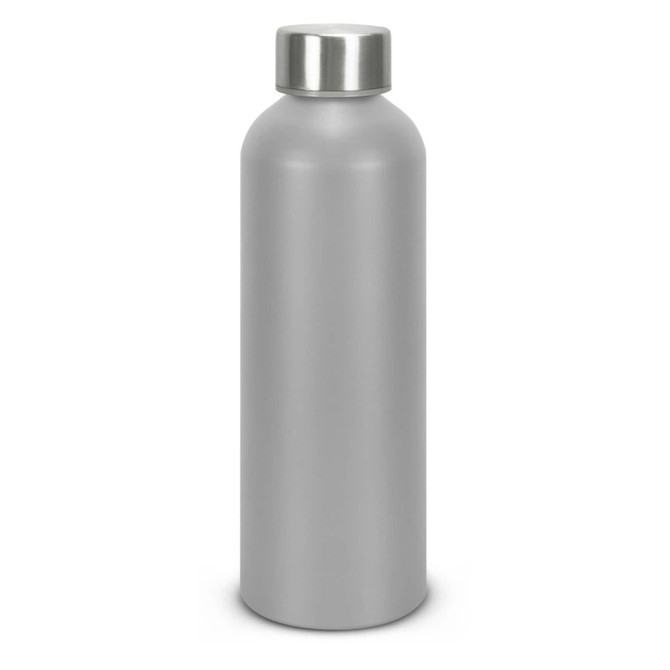 A drink bottle made from recycled aluminium, featuring a sleek silver finish and a metal cap.