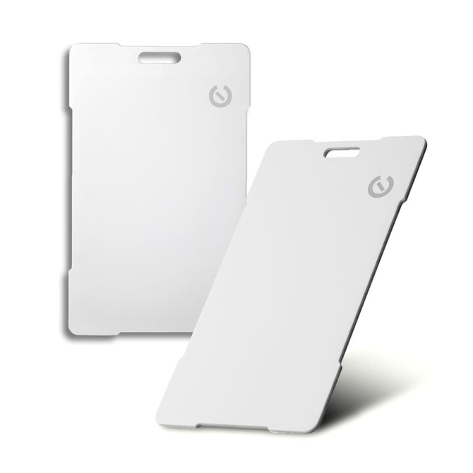 A white Bluetooth tracker with a slim design, featuring a logo in the corner.