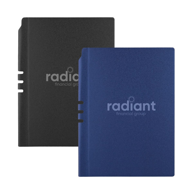 A Malaga Notebook in black and navy blue, featuring a logo on the front cover and a slip design.