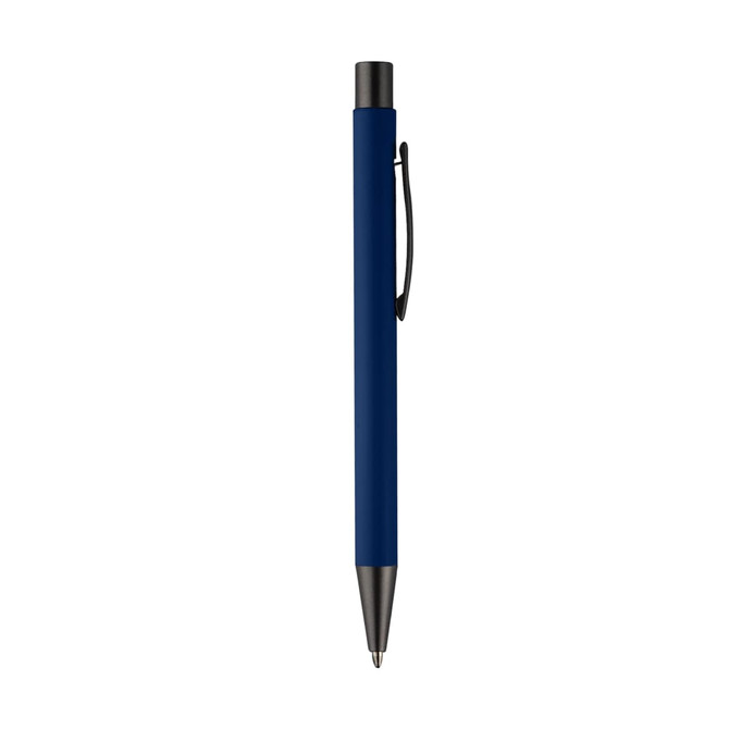 A blue metal pen with a black clip and silver tip, featuring a sleek design and a branding logo.
