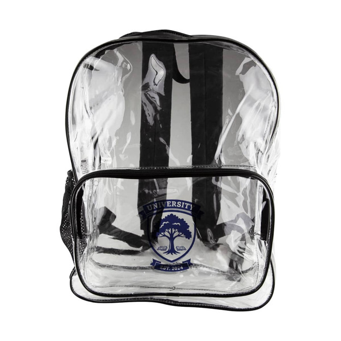 A clear backpack with black trim and straps, featuring a front pocket and a logo.