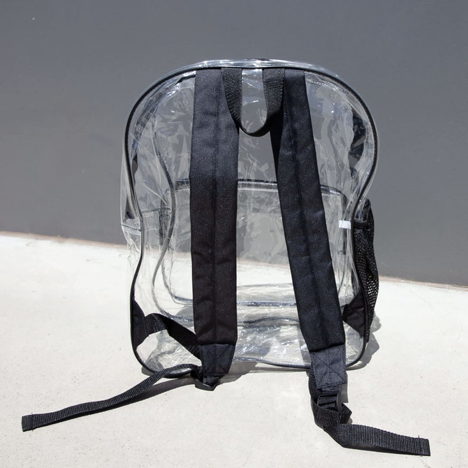 A transparent backpack with black straps and a simple design, featuring a logo.