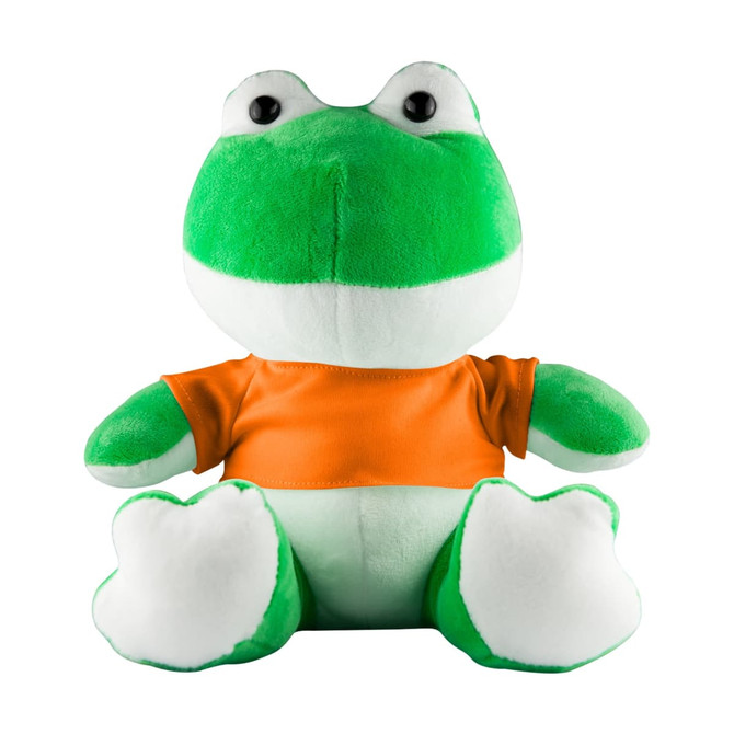 A green frog plush toy wearing an orange shirt, with large eyes and a soft texture. The toy has white underparts.