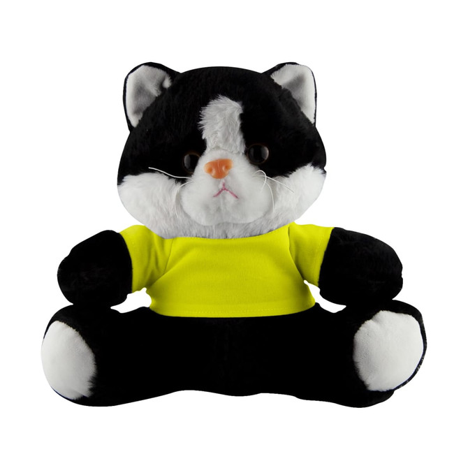 A black and white cat plush toy wearing a bright yellow shirt, sitting upright. The plush features large eyes and a small nose.
