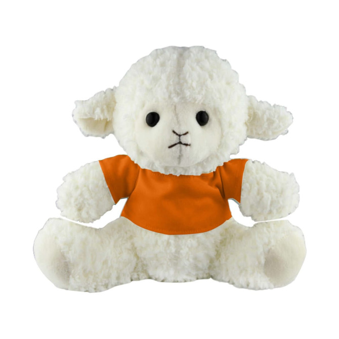 A white plush sheep wearing an orange shirt, sitting upright with a soft, fluffy texture.