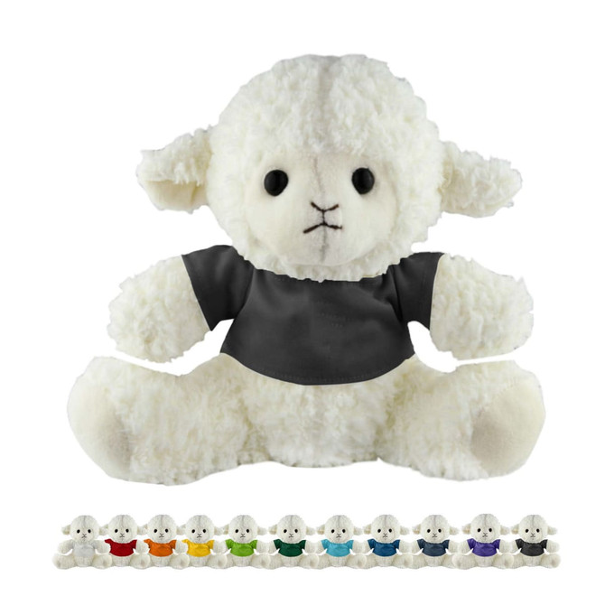 A plush sheep toy in white, wearing a dark grey shirt, featuring a range of colourful variations below.