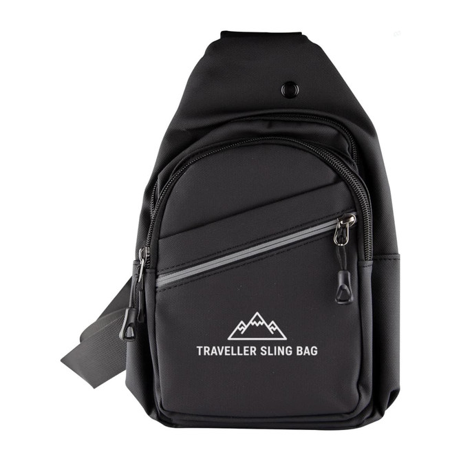 A black sling bag with a zippered compartment and a logo, featuring a sleek design.