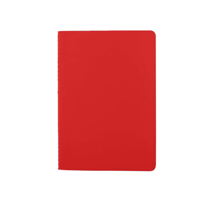 A red washable paper notebook with a smooth surface and rounded corners, featuring a logo on the front.
