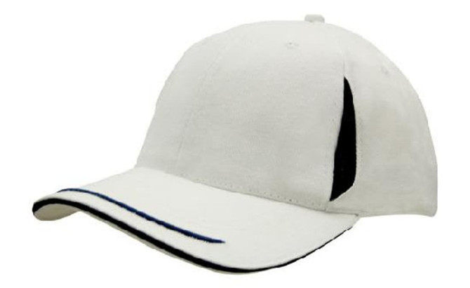 A white cap with a black peak trim, crown inserts, and sandwich details. It features a logo on the side.