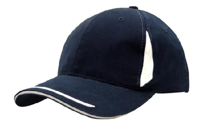 A navy blue cap with crown inserts, peak trim, and a white sandwich design. It features a logo.