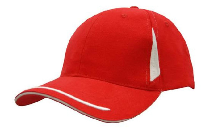 A red cap with white peak trim and sandwich detailing, featuring a logo on the side.