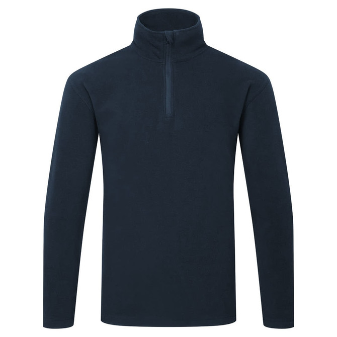 A navy pullover fleece jumper with a high collar and a zippered neck. It has long sleeves and a plain design.