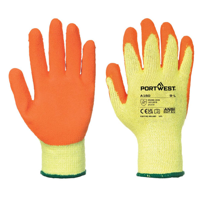A pair of gloves with orange fingertips and a yellow base, featuring a green wrist cuff and a logo on the palm.