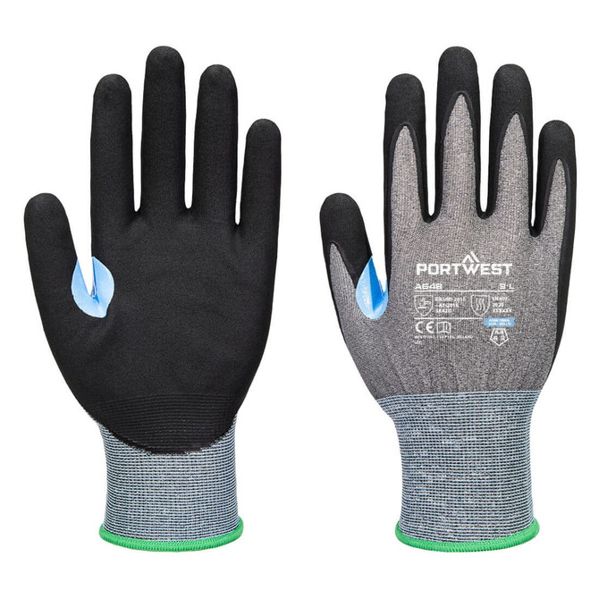 Black and grey nitrile gloves featuring a textured grip and a blue accent, with a logo on the wrist area.