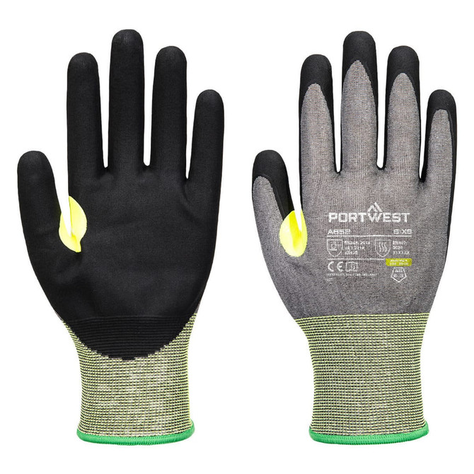 A pair of nitrile gloves featuring a black palm and grey fabric, with yellow accents and a logo.