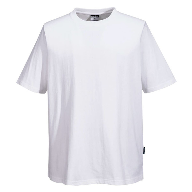 A white short-sleeved cotton t-shirt with a relaxed fit and a logo on the side.