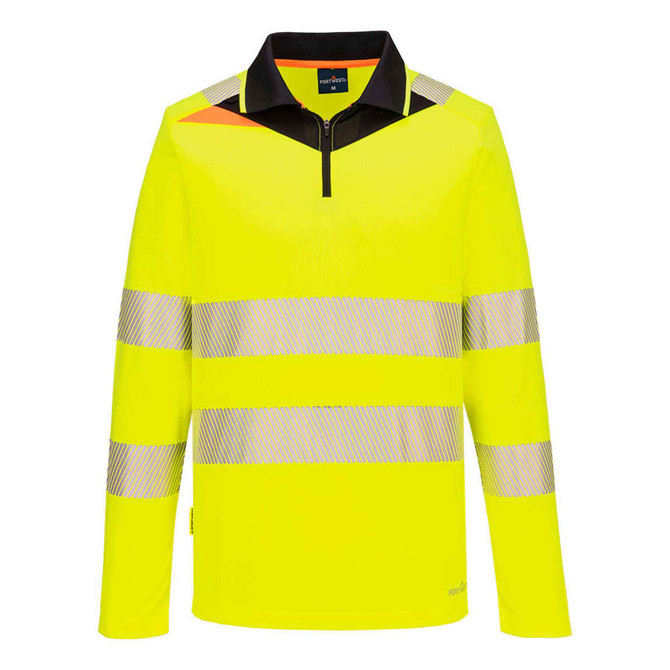 A long-sleeved hi-visibility polo shirt in bright yellow with reflective stripes and a black collar. It features a logo.