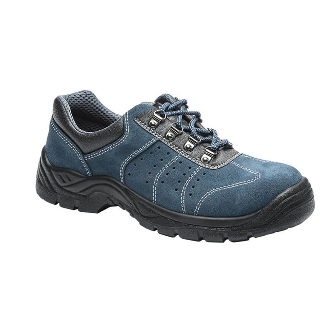 A blue perforated trainer shoe featuring black accents and a rugged sole, with a logo on the side.