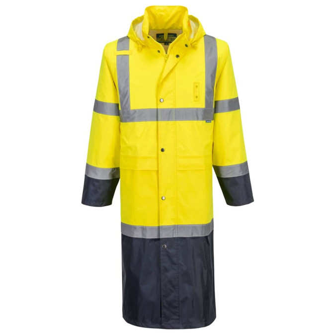 A yellow and navy raincoat with reflective stripes and a hood, featuring a logo on the front.
