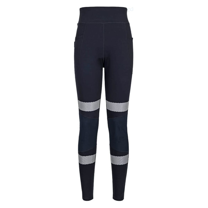 Navy leggings featuring a high waist and contrasting panel details. Includes pockets and a logo branding.