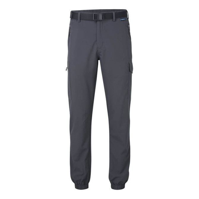 Lightweight cuffed pants in dark grey with side pockets and a belt. Features a logo on the waistband.