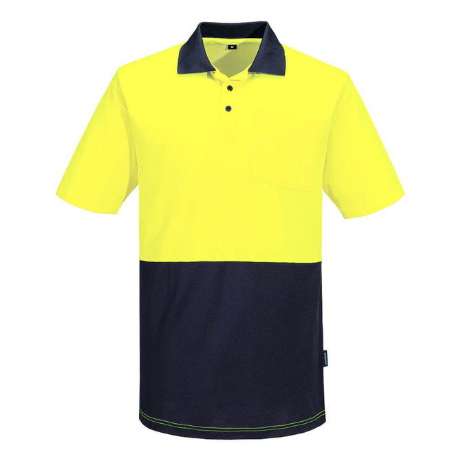 A high-visibility short-sleeve polo shirt in bright yellow and navy blue, featuring a pocket and a logo.