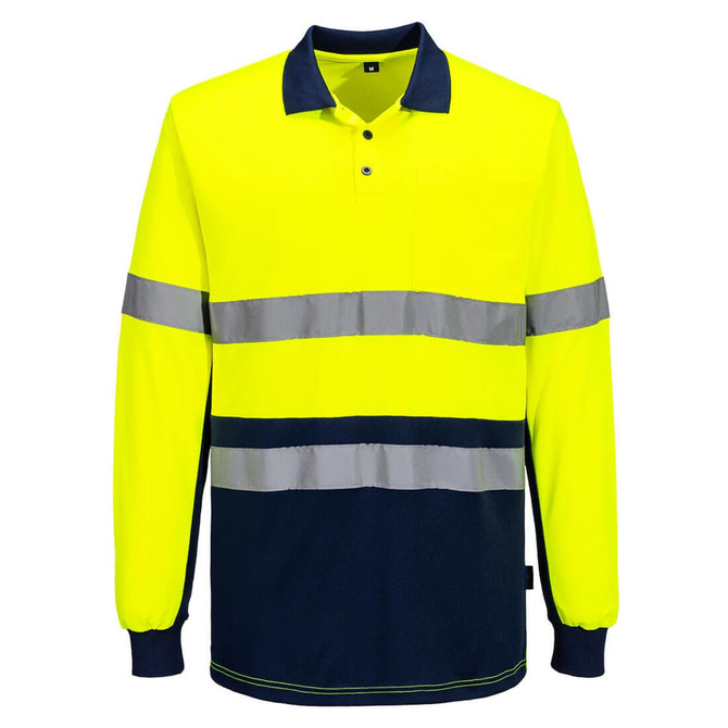 A long-sleeve polo shirt in high-visibility yellow with navy contrast and reflective stripes, featuring a logo.