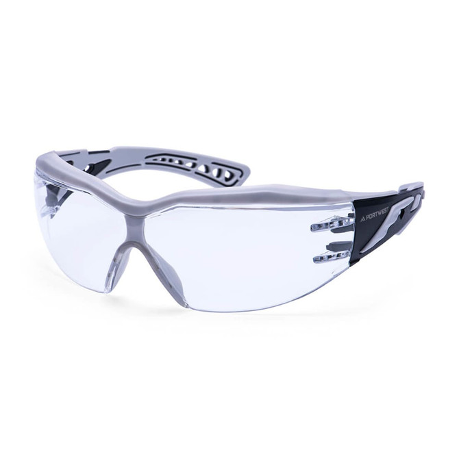 Safety glasses with a clear lens and grey frame, featuring a sleek design and a logo on the side.