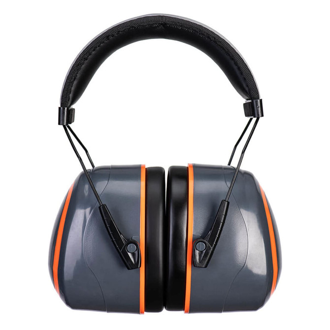 A pair of grey ear muffs with orange accents, featuring a padded headband and adjustable sides, and a logo.