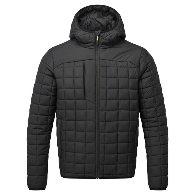 A black square baffle jacket featuring a hood and zip closure, with a quilted design and multiple pockets.