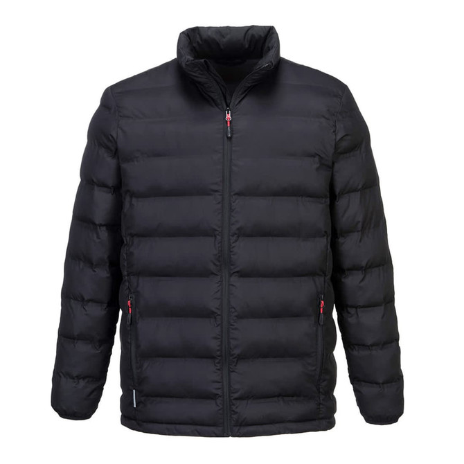 A black puffer jacket with a zip front and side pockets, featuring a high collar and a logo on the hem.