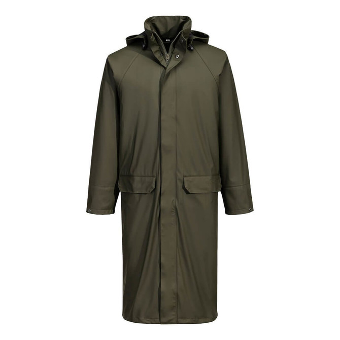 A long coat in olive green with a hood, featuring two front pockets and a buttoned closure. It has a logo on the chest.