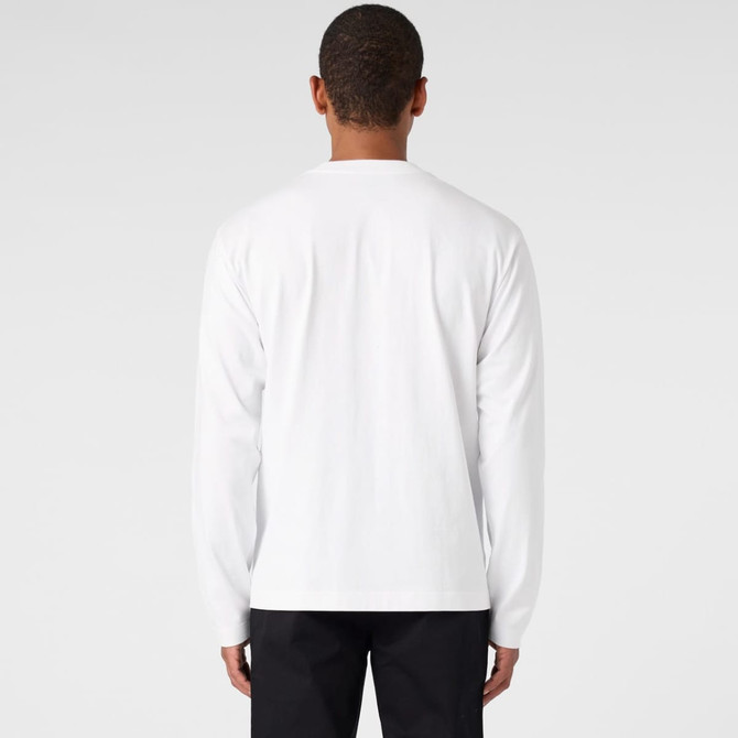 A white long-sleeve t-shirt viewed from the back, with a branded logo visible.