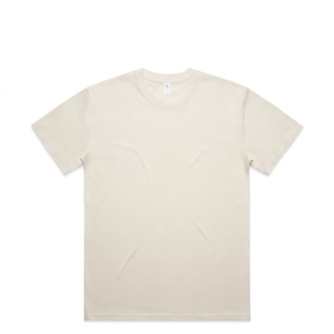 A cream-coloured oversized tee with a round neckline and short sleeves. It features a plain design and has a branding logo.