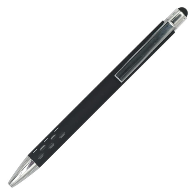 A black Gatling aluminium pen with a silver clip and a stylus tip. It features a textured grip for added comfort.