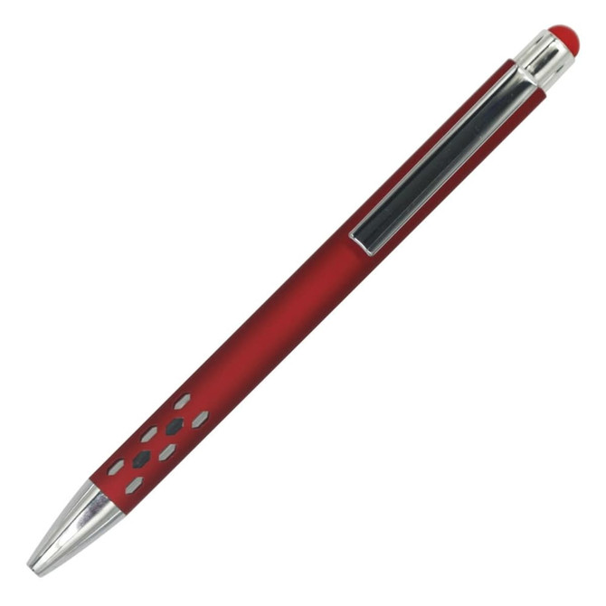 A red aluminium pen with a silver clip and decorative features, featuring a logo on the side.