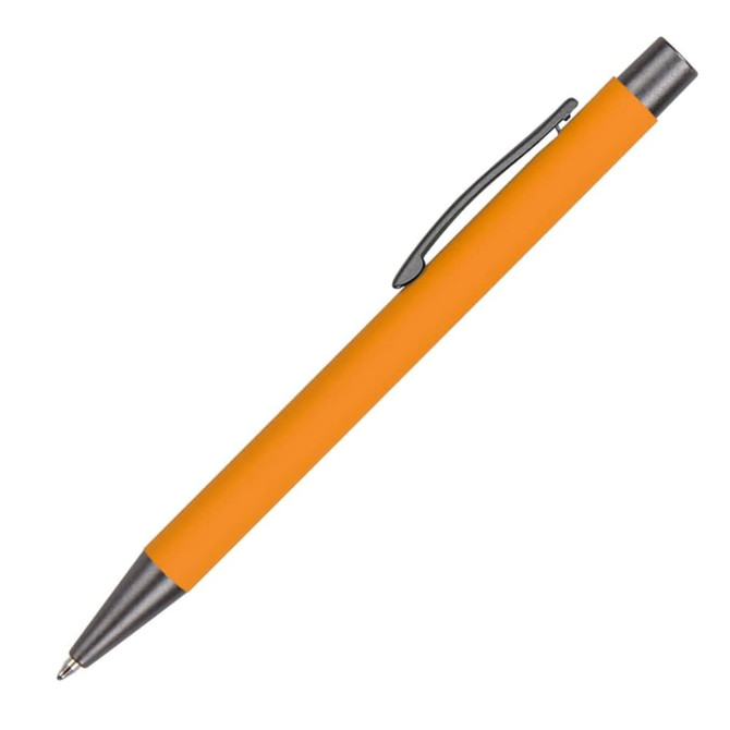 An orange Polar aluminium pen with a silver clip, featuring a sleek metal design and a branding logo.