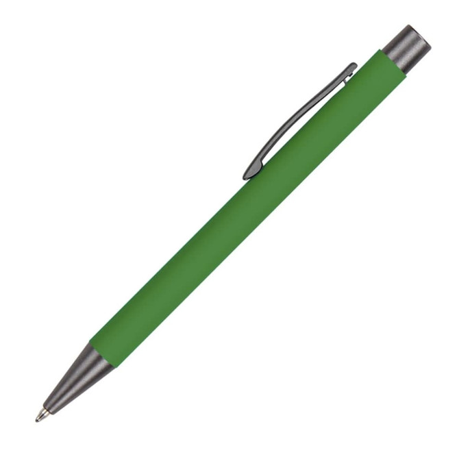 A green aluminum pen with a silver clip and a sleek design, featuring a branding logo.