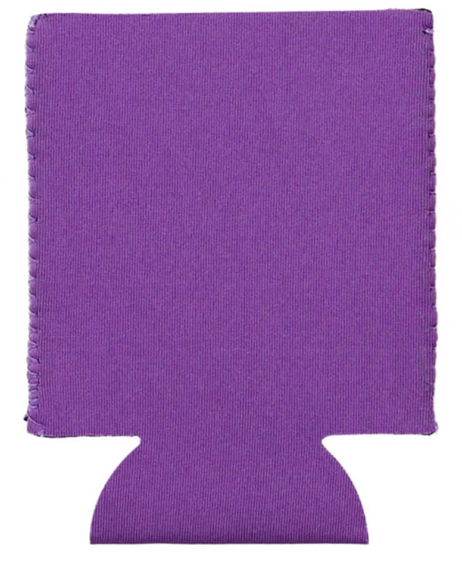 A purple neoprene stubby holder with a collapsible design and a logo.