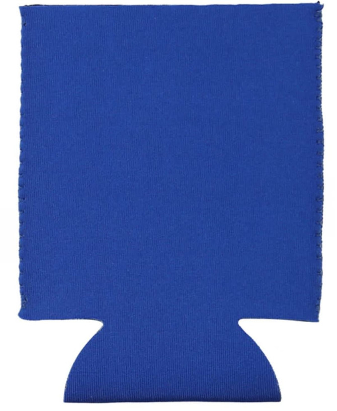 A blue collapsible neoprene stubby holder with a base cutout, featuring a logo.
